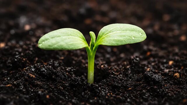 A young green seedling with a new sprout and small leaf grows from dark soil, representing nature and development in a white isolated environment