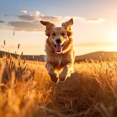 A golden-hued canine leaps through tall, golden grasses, backlit by a vibrant sunset, evoking joy and freedom