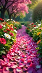 Obraz premium A winding garden path strewn with vibrant flower petals, leading to a lush, blooming garden Perfect for spring, summer, or wedding themes Follow the romantic trail of blossoms , peace, picturesque