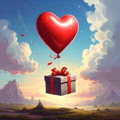 A heart-shaped balloon floats above a wrapped gift box, set against a backdrop of clouds, mountains, and a colorful sunset