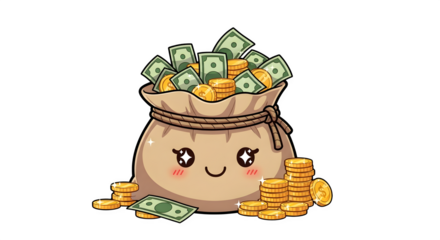 Cute money bag with coins and cash, isolated on transparent background