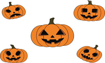 Halloween pumpkin illustration, carved jack o lantern faces, spooky holiday decoration vector, scary and funny expressions, autumn seasonal artwork, horror festival design