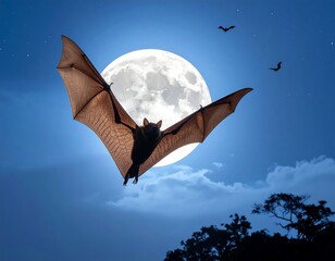 A large, airborne mammal is silhouetted against a full moon, with smaller creatures also flying, a night sky setting