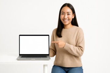 Young IT woman in soft sweater and jeans standing by simple white desk holding open laptop with blank screen on pure background modern developer workspace for freelance tech career branding