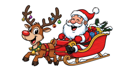 Santa Claus and Reindeer Sleigh Ride, isolated on transparent background
