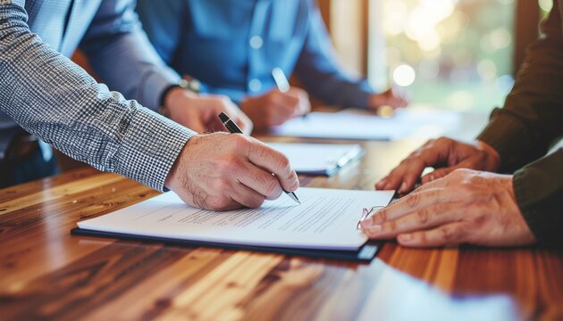 Three individuals signing documents at a wooden table, finalizing a deal or agreement. - Powered by Adobe