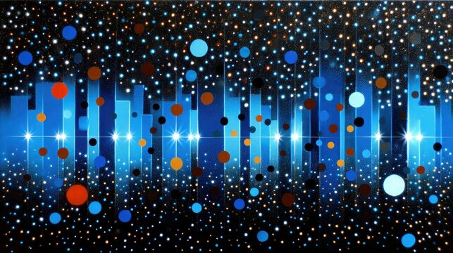 An abstract representation of a cityscape at night, featuring glowing blue vertical shapes resembling buildings, interspersed with colorful circles and a backgr