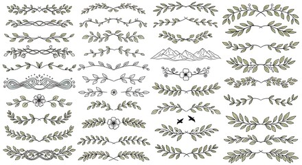 Elegant collection of hand-drawn botanical vector dividers, frames, and ornate leaf borders. Perfect for a sophisticated, natural design flourish