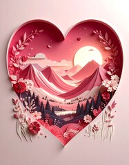 A layered papercraft scene of a valley and mountains within a heart shape, featuring soft pink and red hues