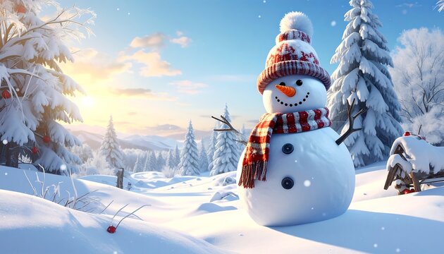 A cheerful snowman stands in a snowy winter landscape, wearing a hat and scarf, with snow-covered trees and a sunny sky