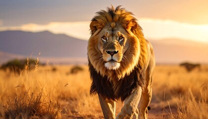 A majestic lion strides confidently forward, illuminated by golden sunlight.  The savannah landscape gently fades to mountainous horizon