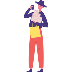 Stylized Person Wearing a Hat and Red Pants Carrying Packages and a Yellow Shopping Bag with a Smartphone in Hand on a White Background