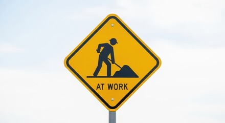 Bright yellow sign warns of construction activity, promoting road safety awareness