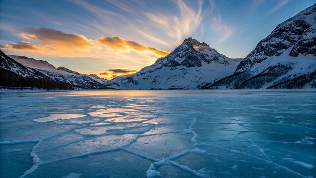 Winter landscape of frozen lake and snow covered mountains at sunset with dramatic sky and stunning ice formations