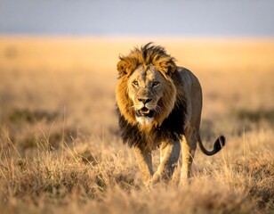 A majestic male feline walks directly towards the camera across an open savanna. The animal has a lush mane, displaying a powerful presence