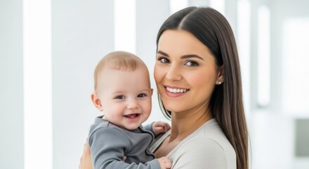 A smiling woman holding a baby in her arms.