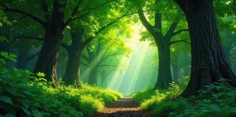 Obraz premium Lush green forest canopy forming a natural archway, sunlight dappling through leaves, creating a vibrant, magical scene Perfect for travel, nature, and fantasy themes , green, environment, leaves