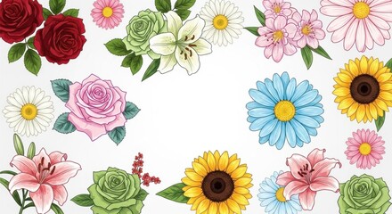A colorful floral arrangement with roses, lilies, and sunflowers on a white background.
