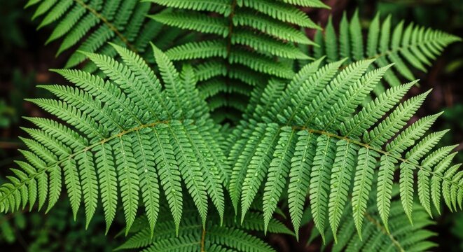 A lush green fern frond in a forest setting. - Powered by Adobe