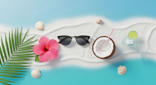 Summer background concept with sand flower and sunglasses coconut, top view tropical concept 