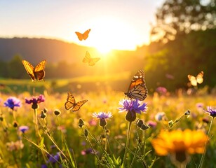 A vibrant field of wildflowers basks in golden sunlight as several butterflies dance in the air. A hazy mountain range is in the distance
