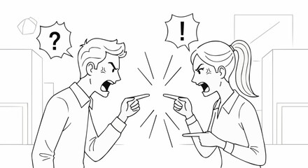 Argument Between Man and Woman with Exclamation and Question Marks.
