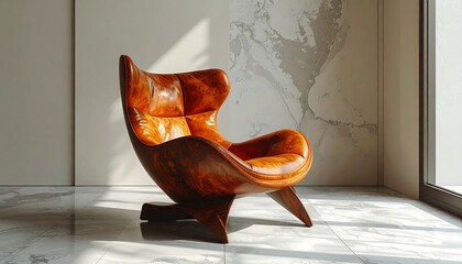 A modern, sculptural armchair with a rich, brown leather finish is the focal point. Marble flooring and a bright window are in the backdrop