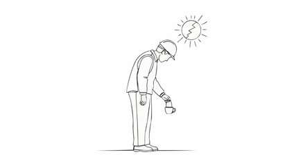 Line art drawing of a tired construction worker under the hot sun.