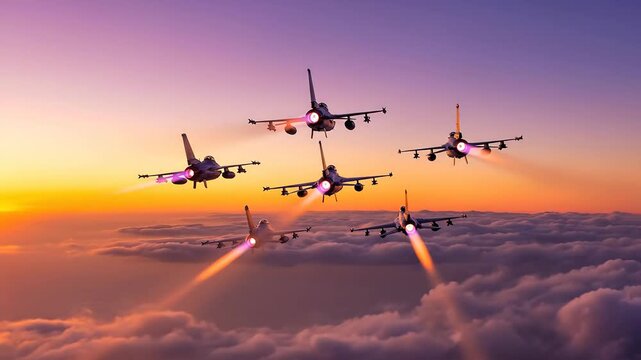 4k aerial view of six fighter jets performing a synchronized flypast formation against a vibrant sunset sky with orange and purple hues, showcasing teamwork and