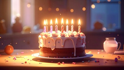 A lit birthday cake with nine candles on a wooden table, in front of a window. A small orange ball and milk jug appear