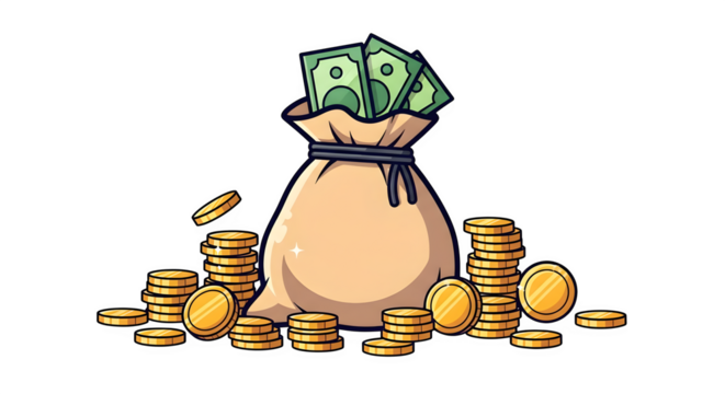 Bag of money and coins, isolated on transparent background