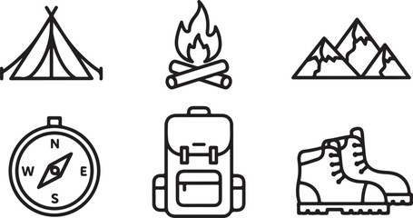 Camping Adventure Icon Set &ndash; Outdoors, Hiking & Nature Elements
Minimalist Wilderness Icons &ndash; Camping, Mountains, Compass & Fire
Outdoor Survival Line Art &ndash; Boots, Tent, Knife & Campfire Designs