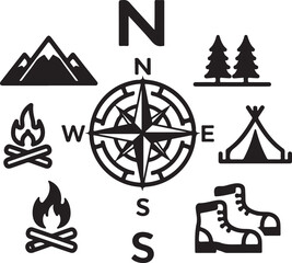 Camping Adventure Icon Set &ndash; Outdoors, Hiking & Nature Elements
Minimalist Wilderness Icons &ndash; Camping, Mountains, Compass & Fire
Outdoor Survival Line Art &ndash; Boots, Tent, Knife & Campfire Designs