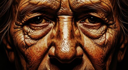 Textured close-up of an elderly face, emphasizing deep wrinkles