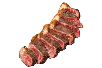 Premium grilled picanha (rump cap) beef, finely sliced and isolated on a transparent background.