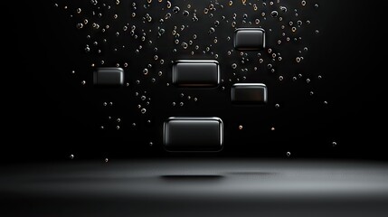 Dark background with reflective metallic rectangles floating in the air amidst scattered droplets.