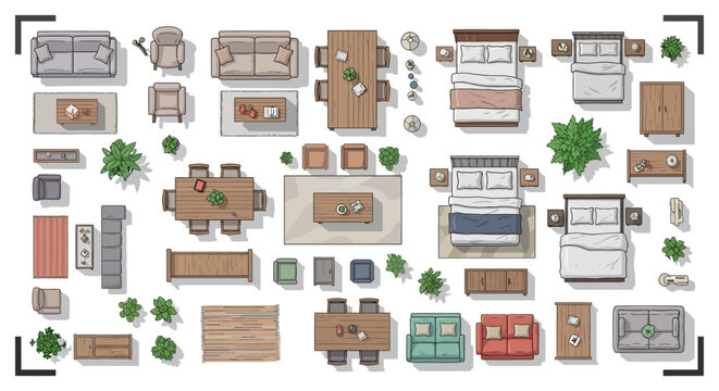top view furniture and household elements for architectural floor plan design featuring beds sofas dining sets and plants for modern interior layouts.