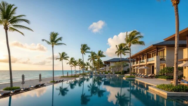 Luxury resort tropical oceanfront property with palm trees and pool