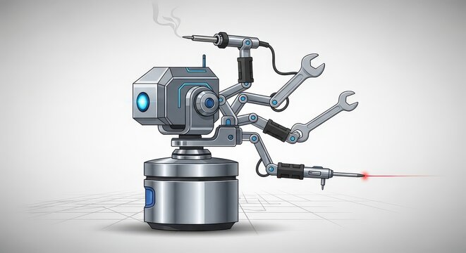 Automated mechanical device featuring multiple articulated arms with specialized tools performs detailed intricate work