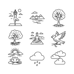 Harmonious nature icons depicting yoga, serene landscapes, vibrant trees, a soaring bird, and weather elements for wellness and mindfulness themes.