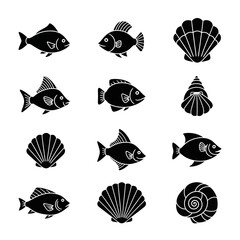 Charming collection of stylized black fish and various seashells creating a delightful underwater marine life theme
