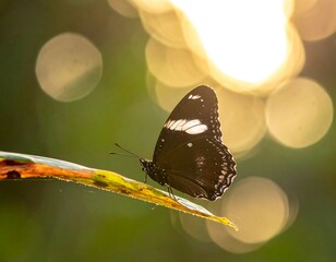 Black and white butterfly perched on a leaf with sun-kissed bokeh