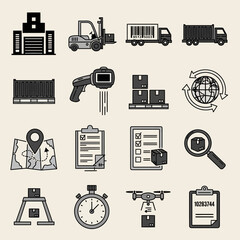 Dynamic logistics icons showcasing global shipping, warehousing, and delivery innovations for modern supply chain operations