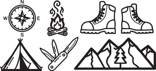 Camping Adventure Icon Set &ndash; Outdoors, Hiking & Nature Elements
Minimalist Wilderness Icons &ndash; Camping, Mountains, Compass & Fire
Outdoor Survival Line Art &ndash; Boots, Tent, Knife & Campfire Designs