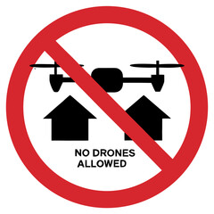 No drones allowed near residential neighborhoods sign with red circle and house silhouette illustration