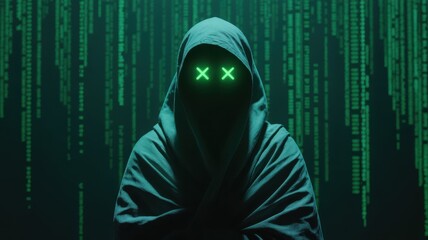 Mysterious hooded hacker with glowing eyes amidst falling binary code is perfect for tech thrillers