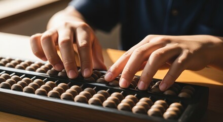 Calculating precision: Hands engaged in using an abacus for arithmetical processes