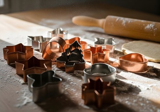Christmas baking preparation with cookie cutters and rolling pin