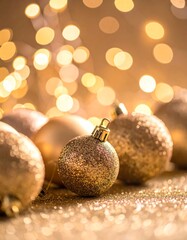 Close-up of gold ornaments with glitter, arranged in a festive scene. Bokeh lights provide a warm glow, evoking a holiday mood