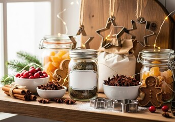 Festive Christmas baking ingredients like spices, cranberries, and gingerbread cookies on a wooden shelf.
